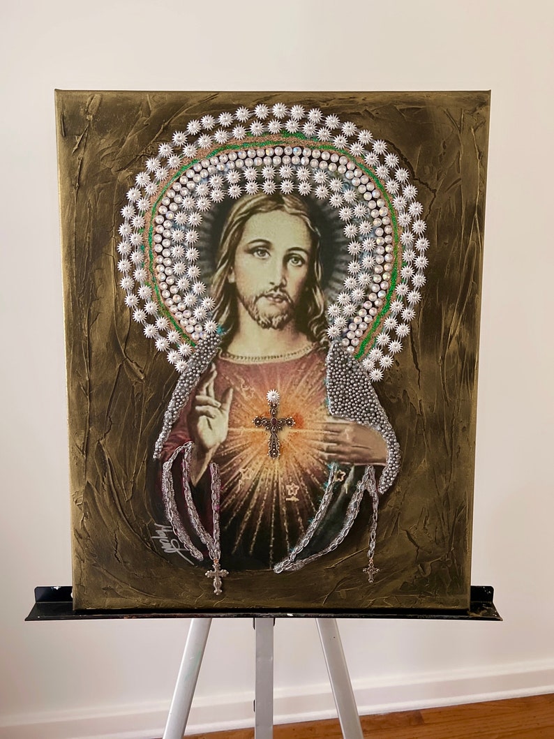 Jesus Christ Portrait: Vintage Catholic Mixed Media Art (20"x16") image 1