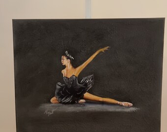 May include: A painting of a ballerina in a black tutu, with her arm extended and her leg stretched out. The background is a dark gray.