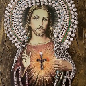 Jesus Christ Portrait: Vintage Catholic Mixed Media Art (20"x16") image 4