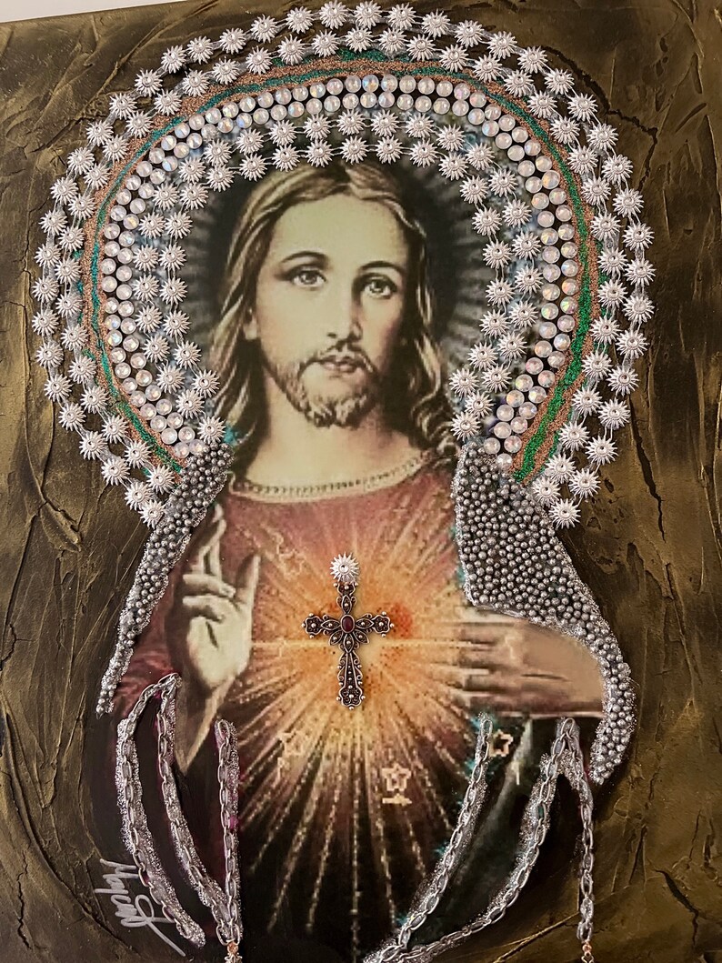 Jesus Christ Portrait: Vintage Catholic Mixed Media Art (20"x16") image 4