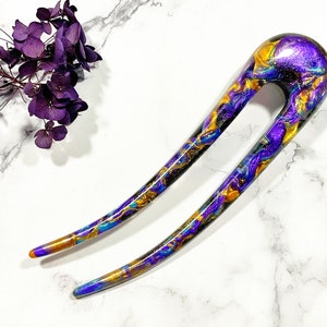2 prong Hair fork, Hair stick, hair accessories, Kanzashi, Gold, Purple, Green, Resin