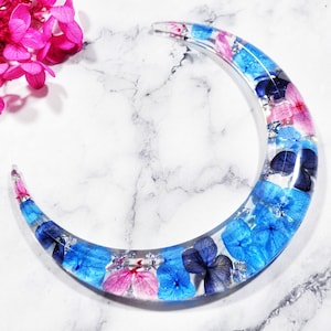 Crescent Moon Hair Stick, Horn hair stick, hair accessories, Kanzashi, Blue hydrangea, Resin