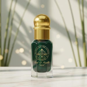 May include: A dark green perfume bottle with a gold cap and accents. The bottle has a clear, geometric base and a label with gold text. The background features blurred greenery and soft lighting, creating a luxurious aesthetic.