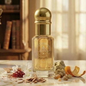 May include: A perfume bottle with a gold cap and label, surrounded by white flowers, saffron, wood chips, and orange peel. The bottle is on a marble surface. The background includes a vase and a bookcase.