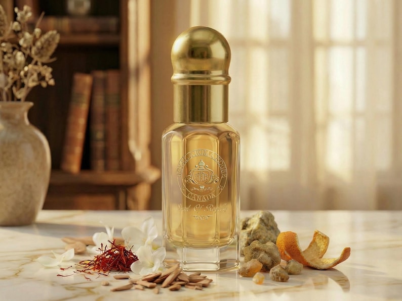 May include: A perfume bottle with a gold cap and label, surrounded by white flowers, saffron, wood chips, and orange peel. The bottle is on a marble surface. The background includes a vase and a bookcase.