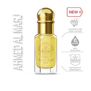 Puede incluir: Un frasco de perfume transparente con tapa dorada y líquido amarillo. La etiqueta dice "Royal Aroma House Canada" y "Soul Of Royalty". La imagen también incluye el texto "Ahmed Al Marj" y "New".