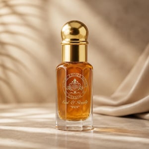 May include: A perfume bottle with a gold cap and a clear, rectangular body. The amber liquid is visible. The bottle has a label with text and a crest. The background is a neutral colour with shadows.