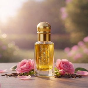 May include: A rectangular glass perfume bottle filled with golden liquid, featuring a gold cap and a circular label with the text "THE AROMATICS CANADA" and "Rose of Regina". The bottle is surrounded by pink rose blossoms and scattered petals.