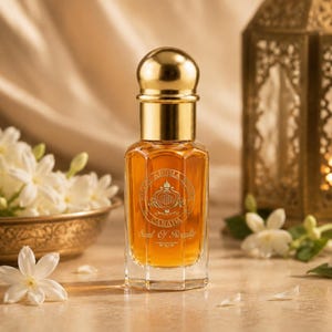 May include: An amber-coloured perfume bottle with a gold cap and label. White flowers in a gold bowl and scattered on the surface surround the bottle. A gold lantern is in the background, creating a luxurious feel.