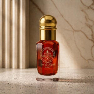 May include: A perfume bottle with a gold cap and a clear, rectangular base. The bottle is filled with a reddish-brown liquid. The label reads "Royal Aroma House Canada" and "Scent of Royalty". The background features a marble wall.