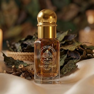 Op de afbeelding: Een parfumflesje met een gouden dop en accenten, met de tekst "Royal Aroma House Canada" en "Scent Of Royalty". De fles bevat een lichtbruine vloeistof en staat op een witte satijnen ondergrond.