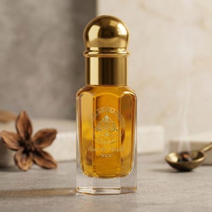 May include: A perfume bottle with a gold cap and label, filled with a golden liquid. The bottle is on a light-colored surface, with a star anise and a small spoon nearby. The bottle has a decorative label.