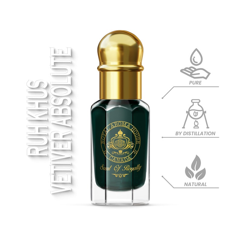 May include: A small, clear glass bottle of Ruh Khus Vetiver Absolute perfume. The bottle has a dark green liquid inside, a gold cap, and a gold band. The label reads "Royal Aroma House Canada, Scent of Royalty". The image also includes icons for pure, by distillation, and natural.