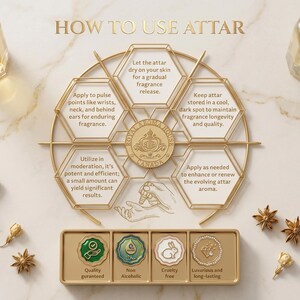 May include: A guide on how to use attar, presented with a gold-toned diagram and product details. The image includes two attar bottles, star anise, and floral decorations. The text highlights features such as "Quality guaranteed" and "Cruelty free".