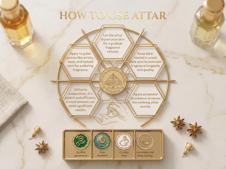 May include: A guide on how to use attar, presented with a gold-toned diagram and product details. The image includes two attar bottles, star anise, and floral decorations. The text highlights features such as "Quality guaranteed" and "Cruelty free".