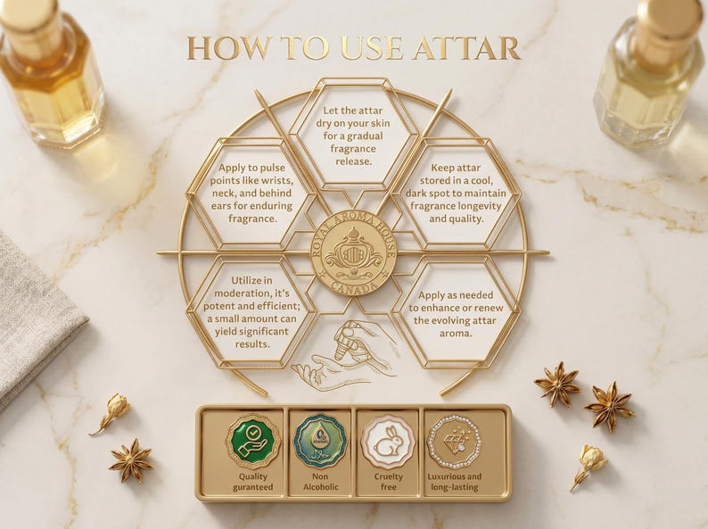 May include: An image detailing how to use attar, featuring a gold-colored diagram with instructions and product information. The diagram is surrounded by two attar bottles, star anise, and floral accents. The text includes "Quality guaranteed" and "Cruelty free".