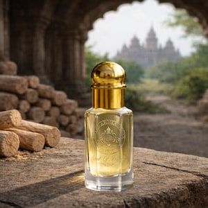 May include: A perfume bottle with a gold cap and gold detailing, set against a blurred backdrop of an ancient temple. The clear bottle contains a golden liquid. The label reads "Sand of Days".