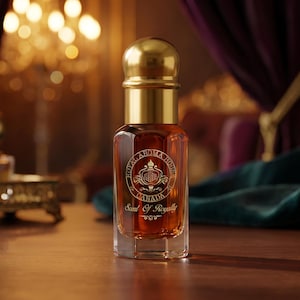 May include: A perfume bottle with a gold cap and accents, filled with a brown liquid. The bottle has a clear, rectangular base and a label with gold lettering. The text on the label reads "Royal Aroma House Canada" and "Scent of Royalty".