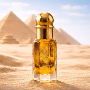 May include: A perfume bottle with a gold cap and accents, filled with a golden liquid. The bottle is set against a backdrop of sand dunes and pyramids, with the text "Saint O'Royally" visible on the label.