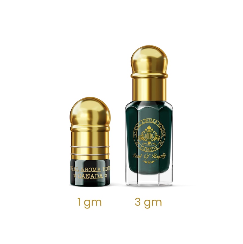 May include: Two glass bottles of perfume with gold-colored caps. The bottles contain a dark green liquid. The text on the bottles reads "Royal Aroma House Canada" and "Seal Of Royally". One bottle is labeled 1 gm, the other 3 gm.