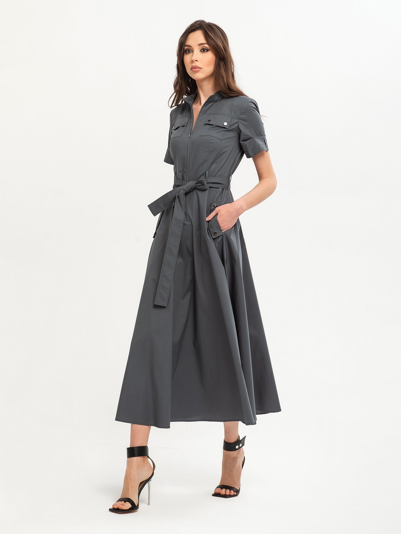 Ausgestelltes Lngliches Kleid Mit Reiverschluss Vorne Mit | Etsy
