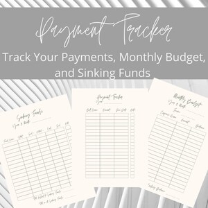 May include: Three printable budget tracker pages with headings for "Sinking Funds", "Payment Tracker", and "Monthly Budget". Each page has a table with columns for "Fund Name", "Start", "Goal", "Actual", "End", "Goal", and "Amt" for the "Sinking Funds" page. The "Payment Tracker" page has columns for "Bill Name", "Amount", "Due Date", and "Amt". The "Monthly Budget" page has columns for "Income", "Expense Name", "Amount", and "Balance".