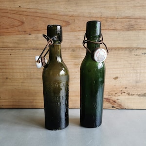 Pair of French Antique Beer Bottles | Green Glass Bottle | Ceramic Lidded Bottle |  Sille Guillaume Martin Chesneau Bieres | Bottles 1900s