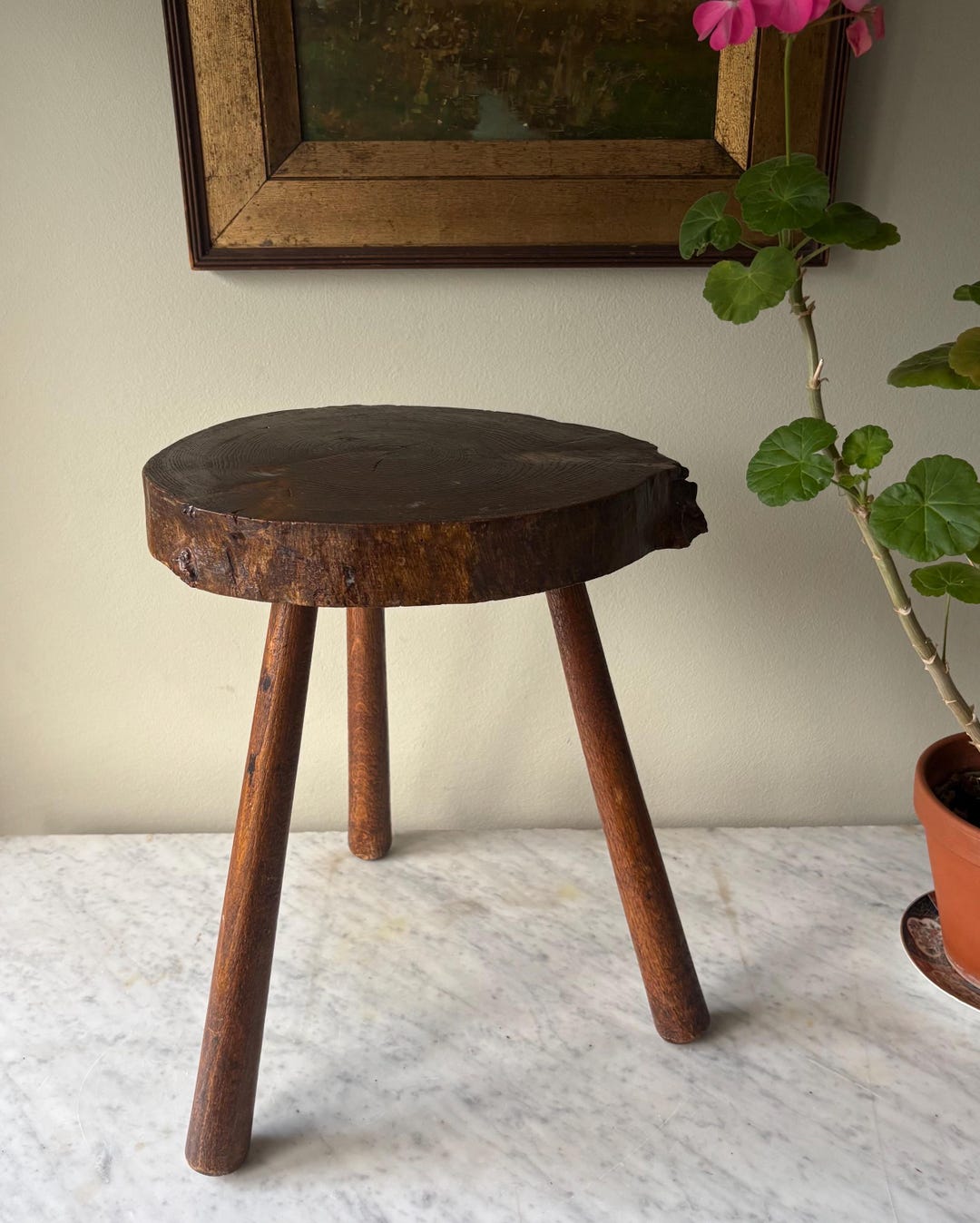 Vintage Solid Wood Tripod Stool | French Brutalist Milking Stool ...