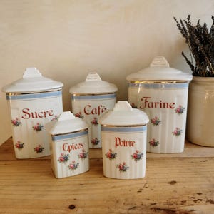 Art Deco French Kitchen Storage Jars |Antique French Lidded Containers | Set of Five Vintage ceramic storage pots | Food Containers