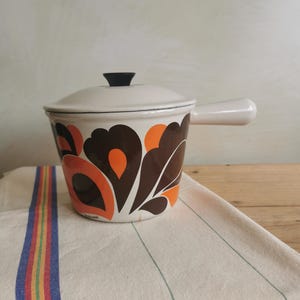 Vintage Le Creuset Enamel | Le Creuset Cast Iron Pan | Le Creuset Saucepan | Le Creuset Caquelon Made in France | Peacock Orange and Brown