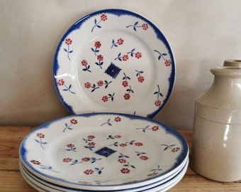 Set of 5 VF Paris French Vintage Flat Plates | Blue Pink Flower Lucienne Transfer Ware | French Porcelain Dinner Plates