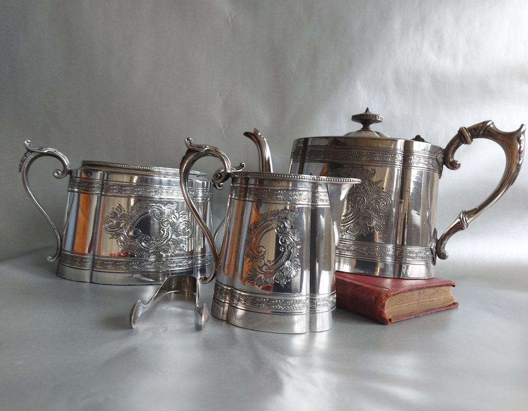 Antique James Dixon & Sons JDS EPBM Teapot Milk Jug and Sugar Bowl 4371 Engraved 3 Pieces Teaset