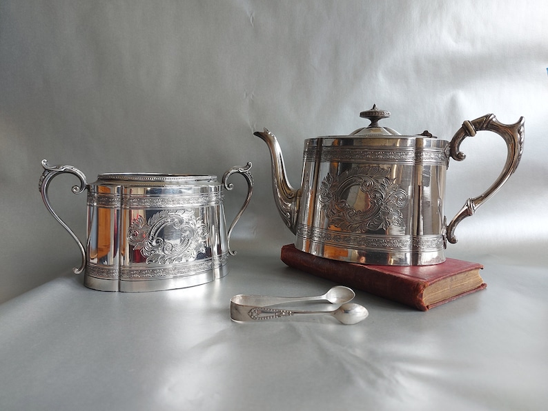 Antique James Dixon & Sons JDS EPBM Teapot Milk Jug and Sugar Bowl 4371 Engraved 3 Pieces Teaset