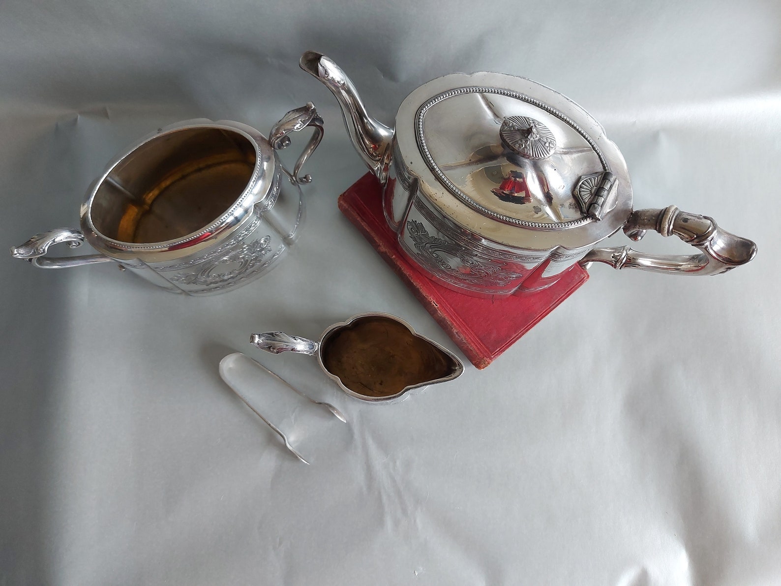 Antique James Dixon & Sons JDS EPBM Teapot Milk Jug and Sugar Bowl 4371 Engraved 3 Pieces Teaset