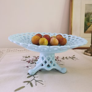 Antique Sowerby blue glass pressed plate on tripod stand -  Victorian pressed glass Sowerby comport
