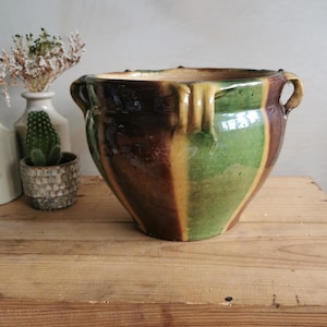 Antique Glazed French Planter | French Pottery Handmade Plant Pot | TraditionalCastelnaudary Antique Ceramic | Green Yellow Brown Glaze