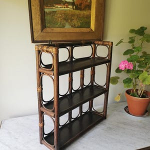 French Vintage Rattan and Bamboo Hanging Shelf | 3 Tier Bamboo Shelving Unit | Vintage Bamboo and Rattan Furniture | Boho Mid Century Decor