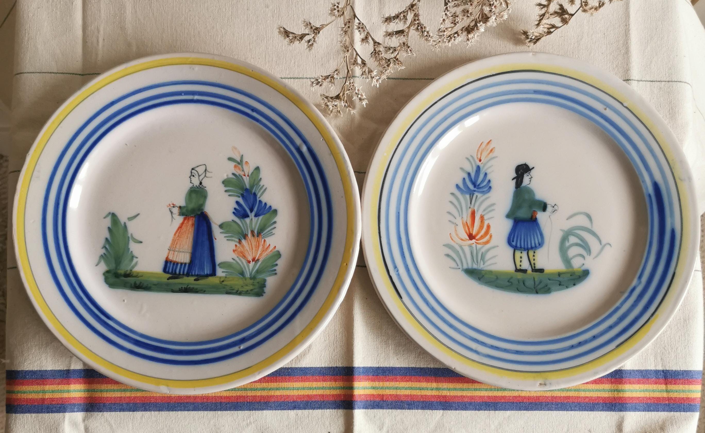 Antique Henriot Quimper Plates: Breton Peasant Figures, Brittany Antique Henriot Quimper Plates: Breton Peasant Figures, Brittany