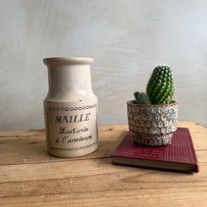 以下が含まれることがあります： 白い釉薬と黒い文字で「Maille Moutarde à l'ancienne」と書かれた、ビンテージのセラミック製のマスタードジャー。ジャーは、小さな鉢植えのサボテンの隣の木製テーブルの上に置かれています。