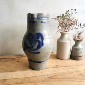 Salt glazed Pitcher/Jug | Cobalt Blue Floral Decoration | Vintage Pottery from Betschdorf Alsace France