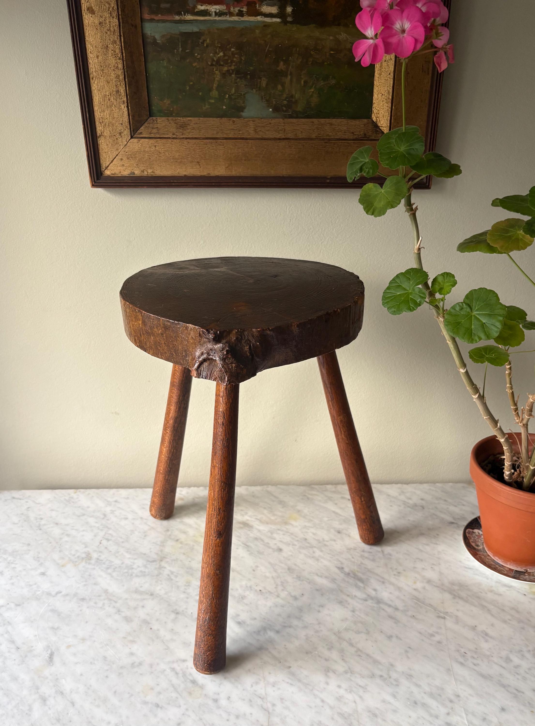 Vintage Solid Wood Tripod Stool | French Brutalist Milking Stool ...