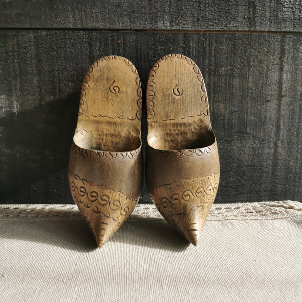 French antique/ vintage wooden carved clog | French carved clog | Rustic French shoes | Wooden Sabots | French folk art shoes