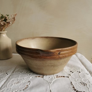 Large French vintage beige bowl | Teurgoule bowl Confit bowl l Vintage Stoneware, Baking Farmhouse | French country kitchen home decor