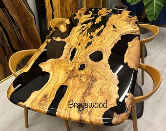 Olive Wood Epoxy River Dining Table: Black Resin, Custom Handmade