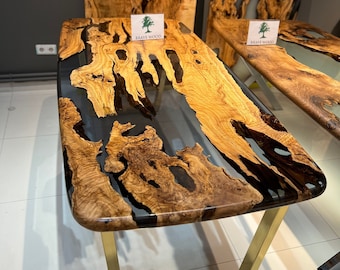 Handmade Olive Wood Epoxy River Dining Table with Gold Legs