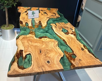 Green Epoxy Olive Wood Dining Table: Custom River Table (74.80" x 39.30")
