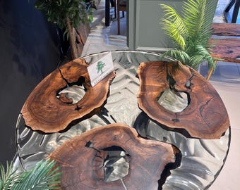 Walnut Epoxy Dining Table, Clear Resin Kitchen Furniture, Custom Made Round Piece