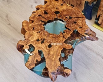 Handmade Olive Wood Epoxy Coffee Table: Aqua Sea Design