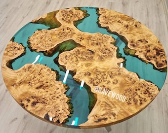 Round Mappa Burl Epoxy Dining Table: Custom Solid Wood Resin River Table