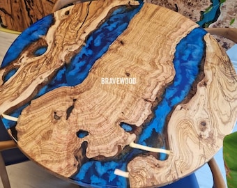 Custom Round Olive Wood Dining Table: Blue Epoxy Resin Art